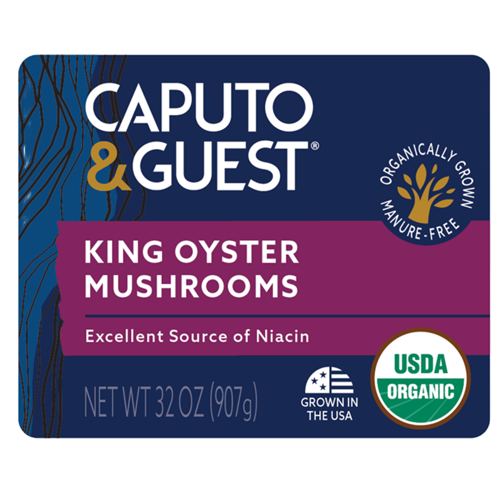 Caputo & Guest king oyster mushrooms packaging with USDA Organic label on a white background