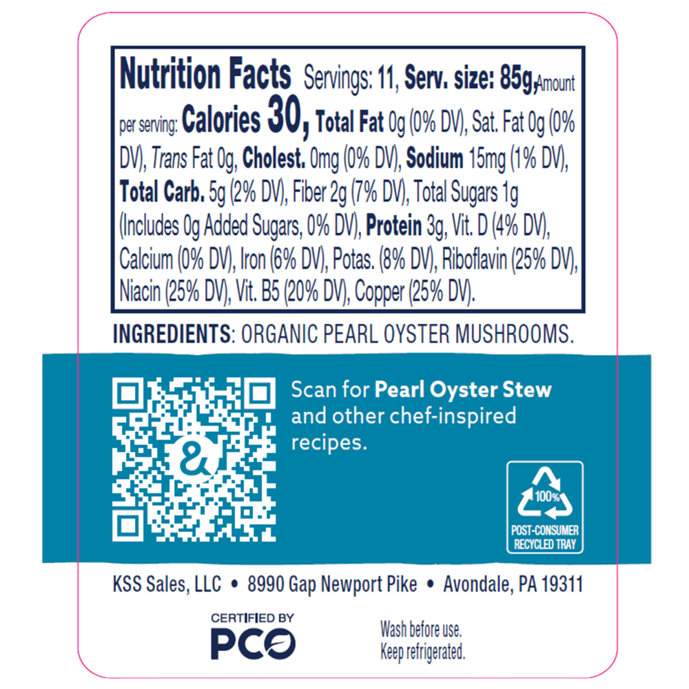 Nutrition facts label and ingredients list for organic pearl oyster mushrooms with a QR code and recycling symbol.
