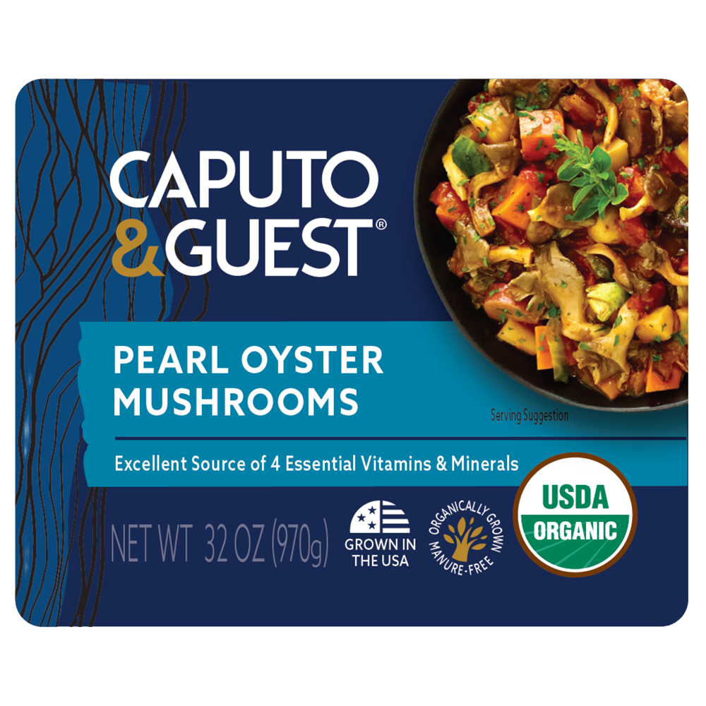 Caputo & Guest pearl oyster mushrooms packaging with a bowl of pasta.