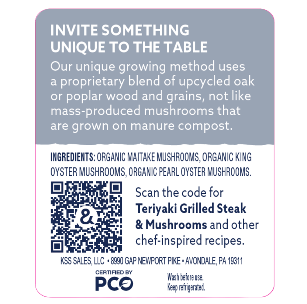 Product label with text about unique mushroom growing method and QR code for recipes.