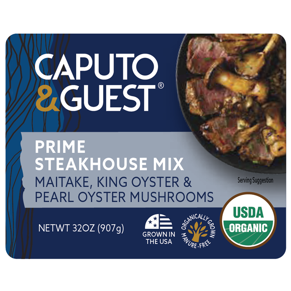Caputo & Guest Prime Steakhouse Mix packaging with mushrooms on a blue background