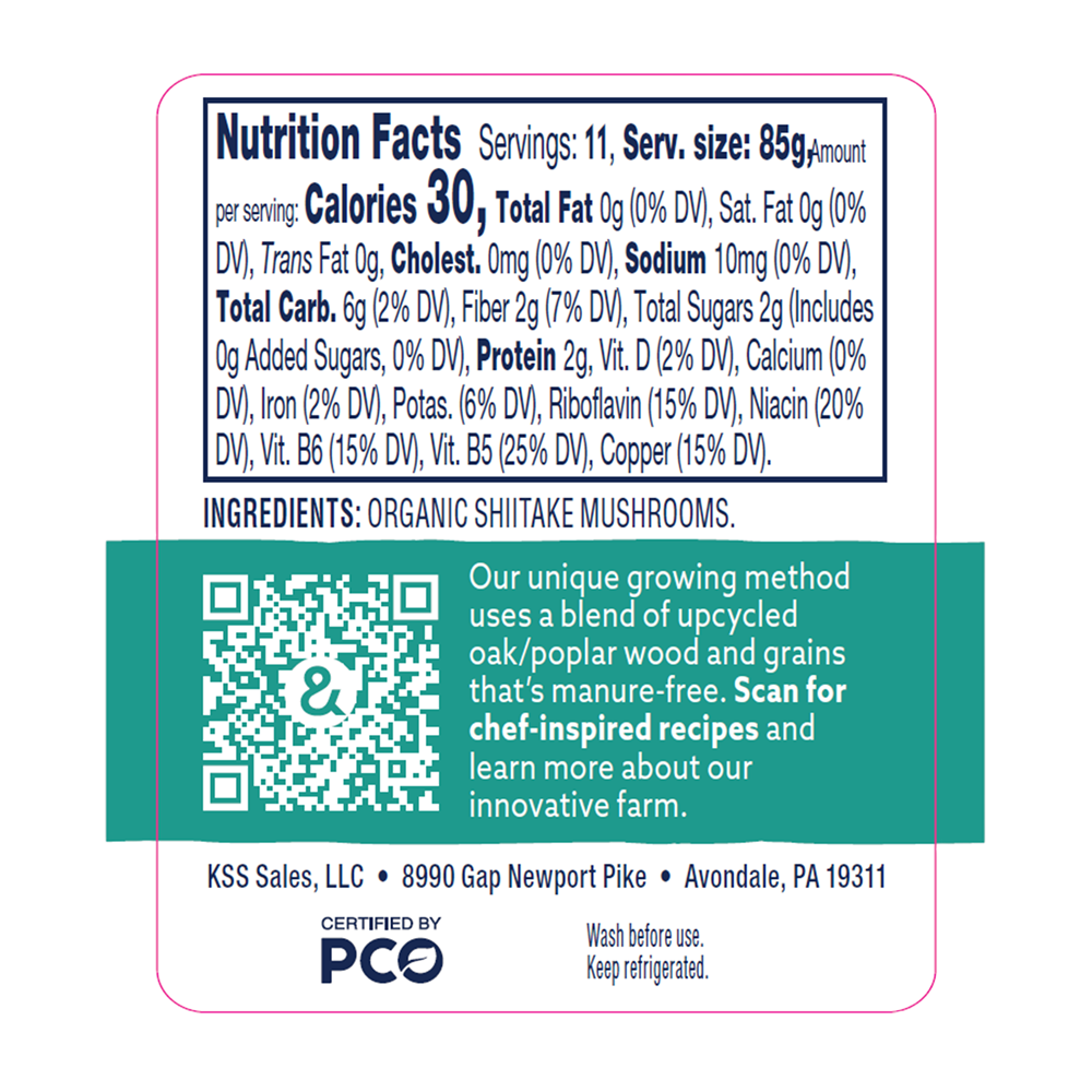 Nutrition facts label and ingredient information for organic shiitake mushrooms with a QR code and certification logo.