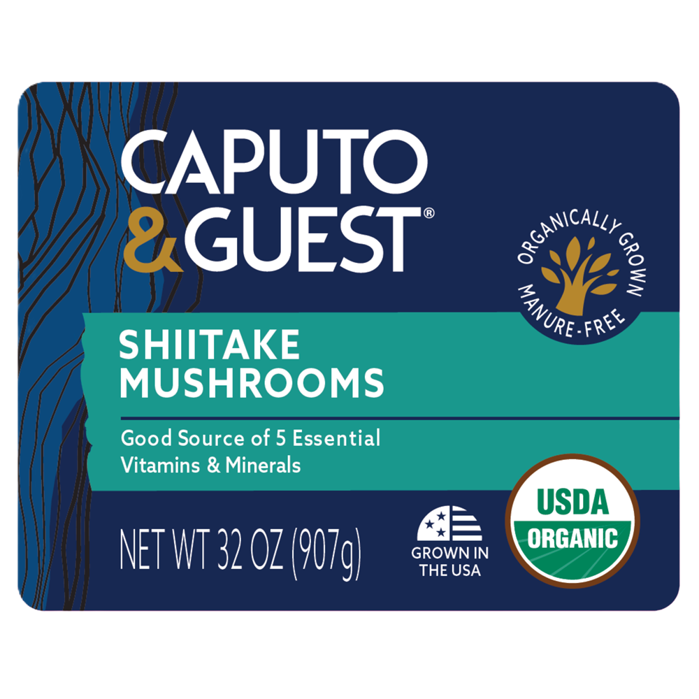 Caputo & Guest shiitake mushrooms packaging with organic and USDA Organic labels.