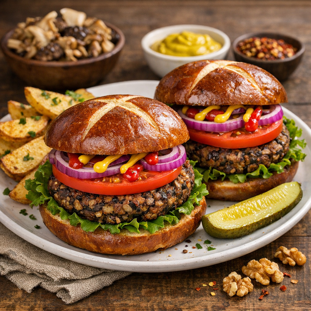 Two vegan burgers with toppings on a plate with sides on a wooden table.